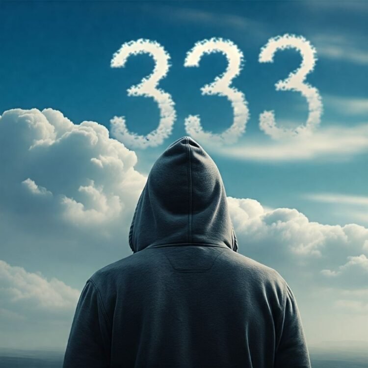 Man in hood looks up at 333 in clouds