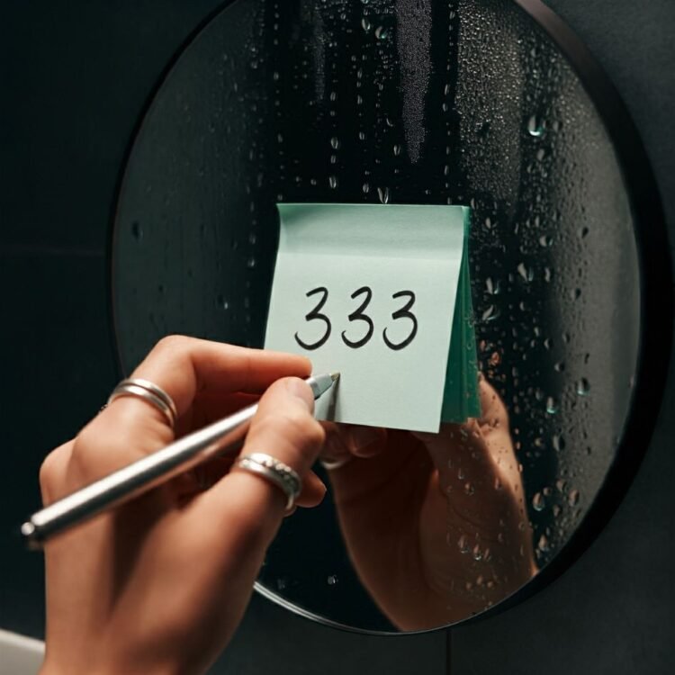 Hand writes 333 on sticky note on mirror