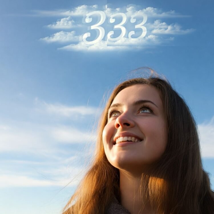 Young woman gazes up at 333 in clouds