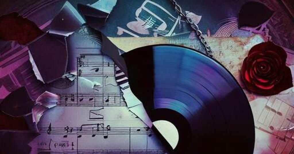 A broken vinyl record or shattered CD, representing the broken trust and fractured relationships often depicted in cheating songs.