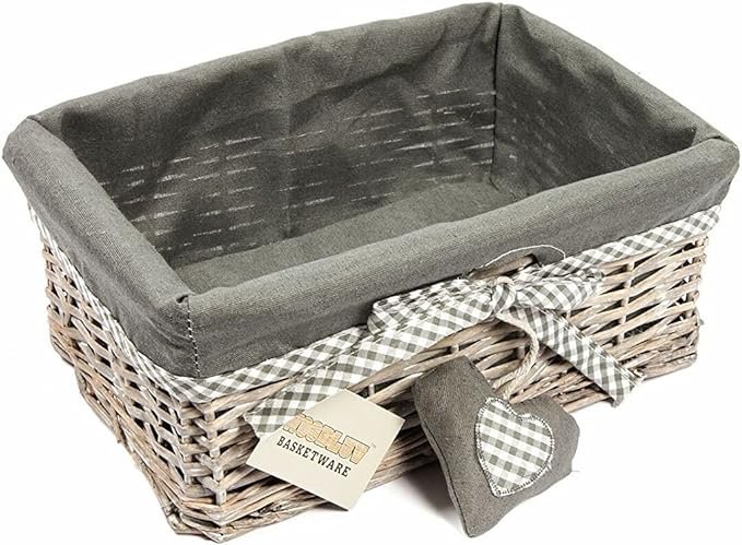 Woodluv Grey Wicker Rectangular Storage Gift Hamper Basket With Removable Lining - Small