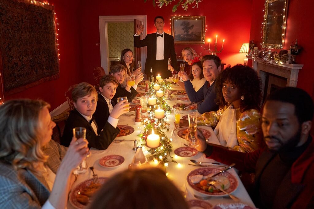 Matthew Goode, Keira Knightley, Lucy Punch, Gilby Griffin Davis, Hardy Griffin Davis, Rufus Jones, Annabelle Wallis, Kirby, Sope Dirisu, Davida McKenzie, and Roman Griffin Davis in Silent Night (2021)