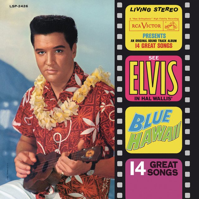 Elvis Presley Blue Hawaii album cover featuring tropical imagery, highlighting his 1961 soundtrack and film tie-in.
