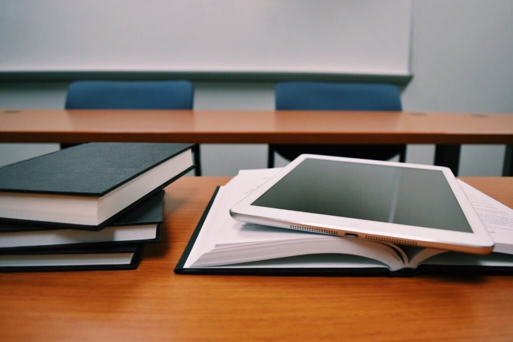 Books and tablets on a table