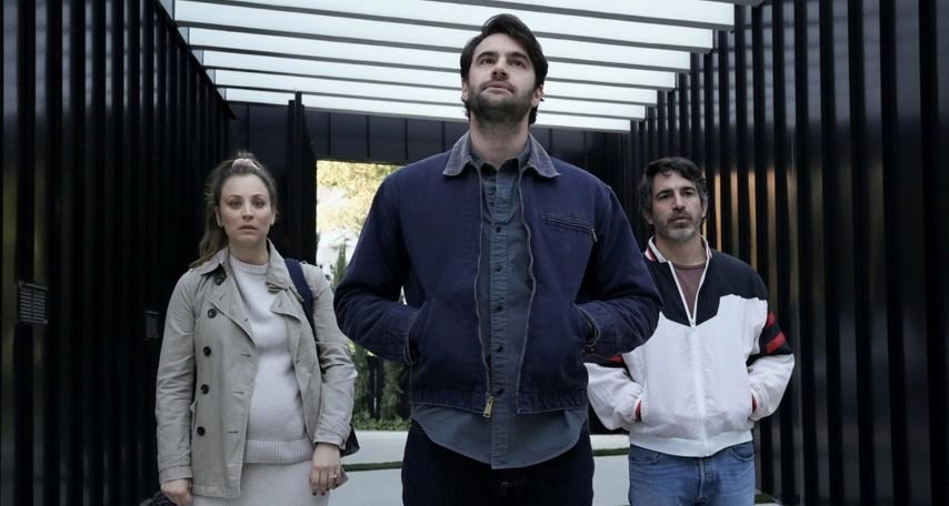 Kaley Cuoco, Chris Messina, and Tom Bateman in Based on a True Story (2023)