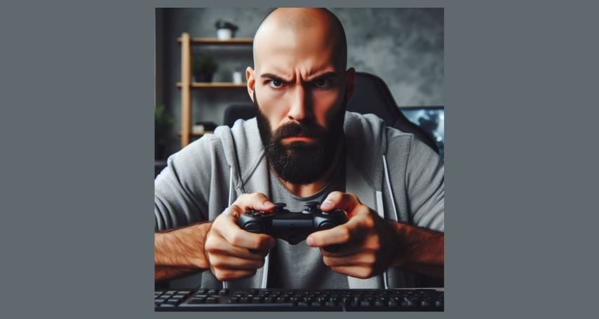 Bald man playing a computer game
