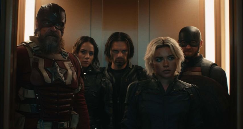 Wyatt Russell, David Harbour, Sebastian Stan, Hannah John-Kamen, Florence Pugh, and John Davis Walker in Thunderbolts* (2025) Photo by Marvel Studios