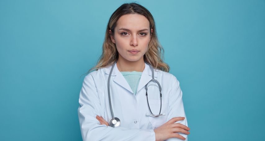 Serious young female doctor wearing medical robe and stethoscope around neck
