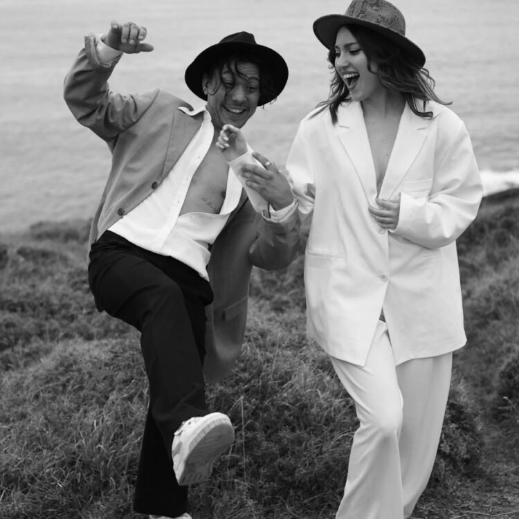 Elegant Couple on a Cliff in Black and White
