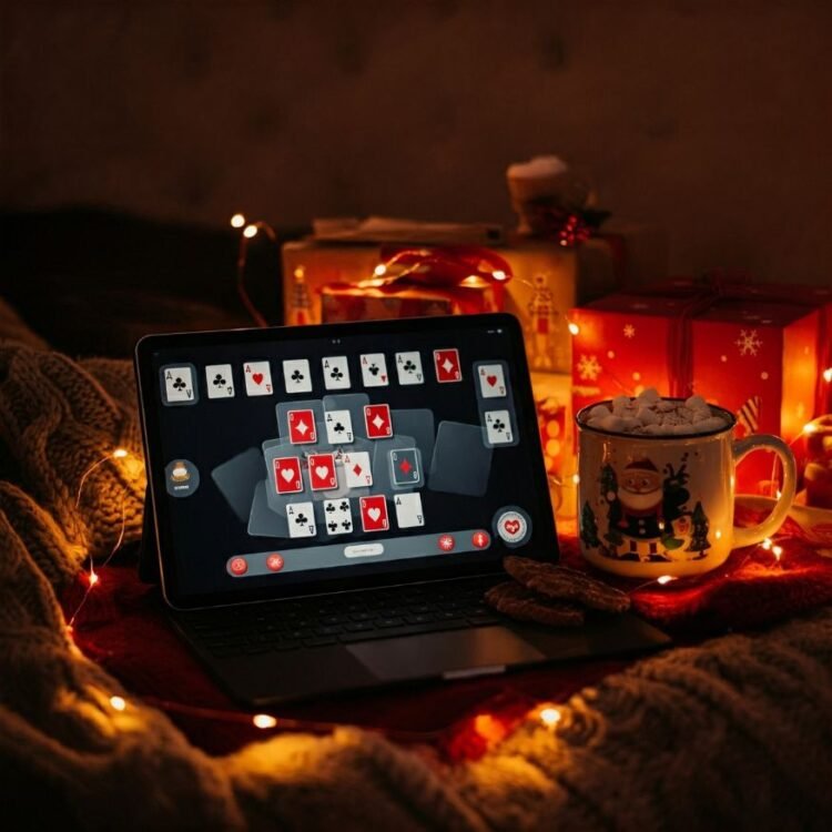 A festive setup featuring a laptop displaying a solitaire game with holiday-themed surroundings
