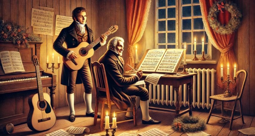 Photo illustration of Joseph Mohr and Franz Xaver Gruber composing Silent Night in 1818