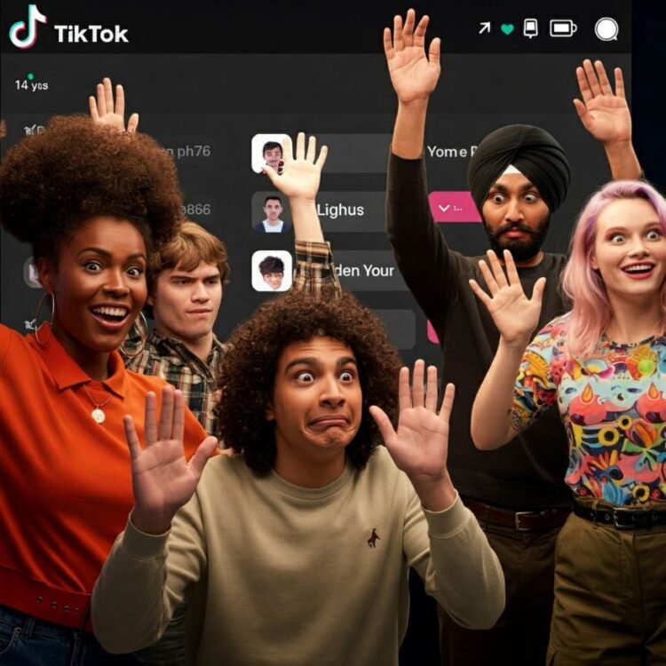 Group prank in circle, awkward reaction, TikTok comments, bright expressions.