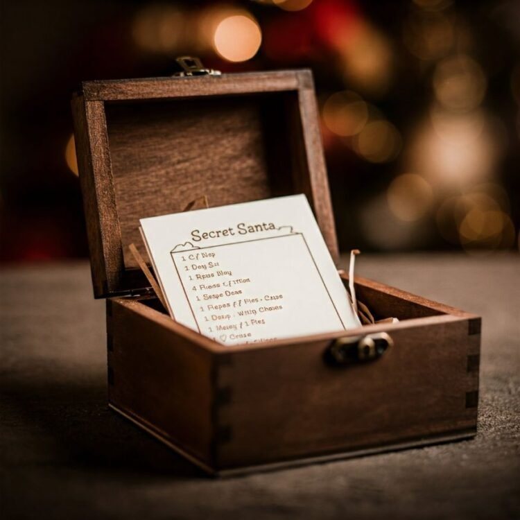 A weathered wooden box, revealing a yellowed list of participants in a Secret Santa game.