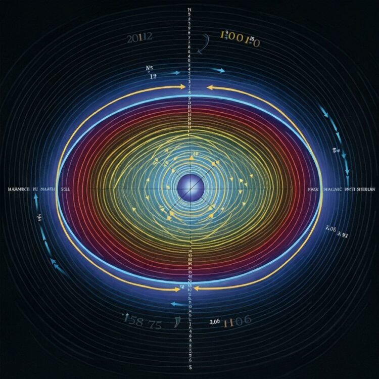 Earth’s magnetic field showing magnetic north pole moving toward Siberia.