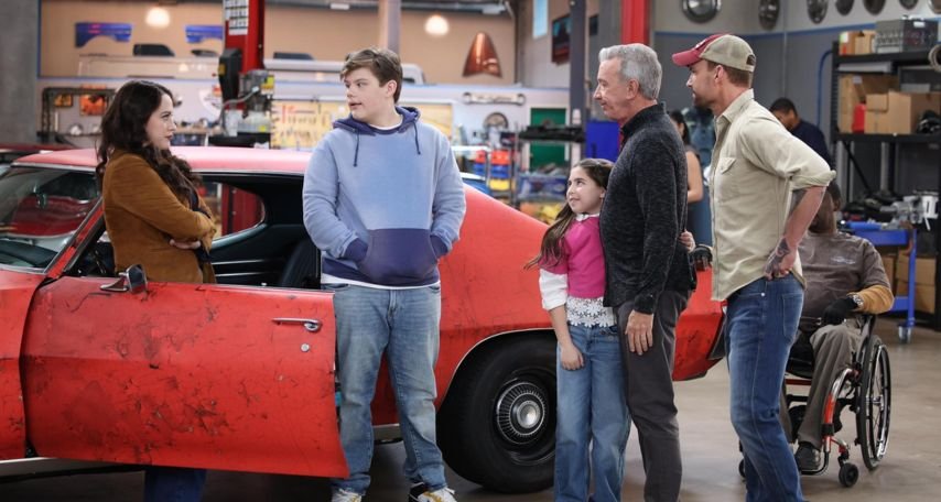 Tim Allen, Seann William Scott, Kat Dennings, Barrett Margolis, and Maxwell Simkins in Shifting Gears (2025)