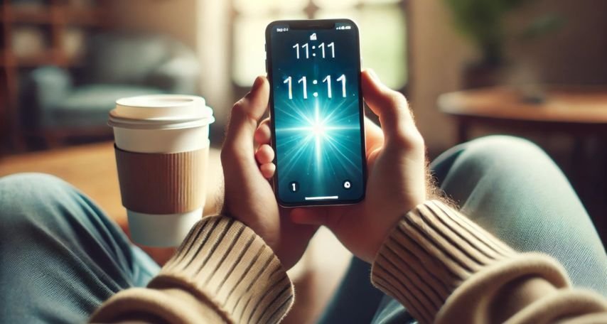 A person noticing 11:11 on their phone while holding a coffee.