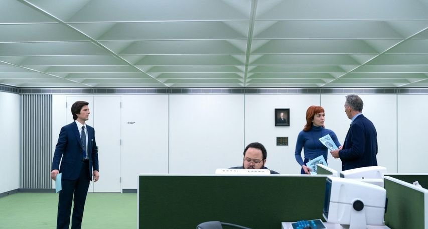 Adam Scott, Zach Cherry, Britt Lower and John Turturro in "Severance," now streaming on Apple TV+.