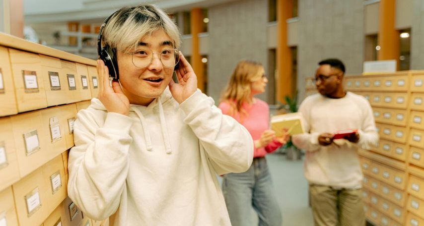 Student listening to music on headphones