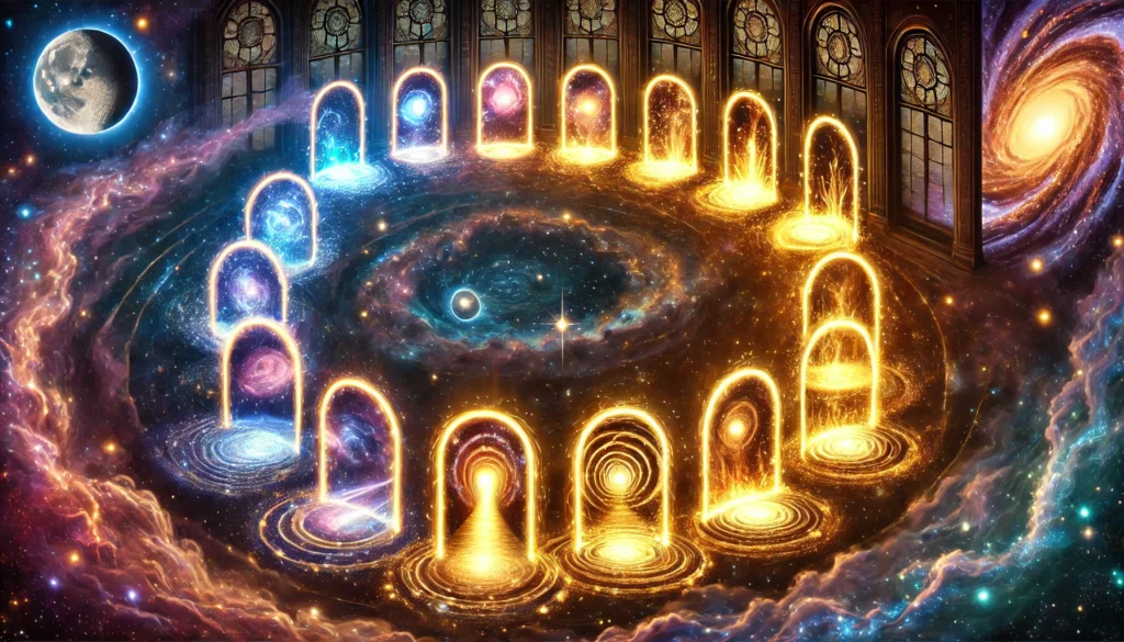 A cosmic pathway unfolds through eight glowing portals, each representing a phase of the twin flame journey.