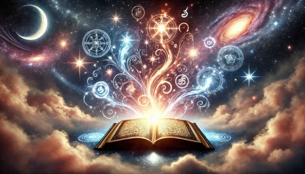 A mystical book illuminated with celestial light.