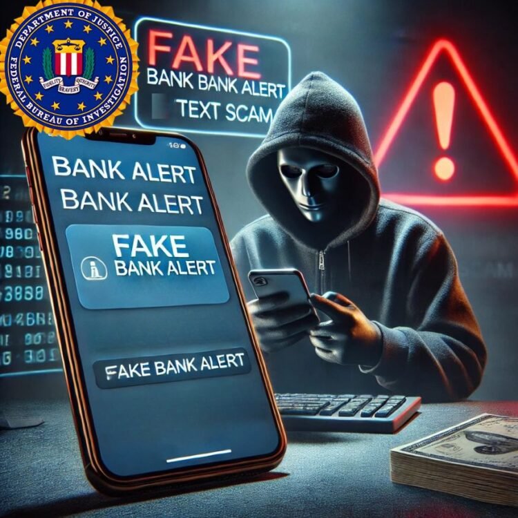 A phone displays a fake bank alert as a hacker lurks in the background, highlighting FBI warnings on text fraud.