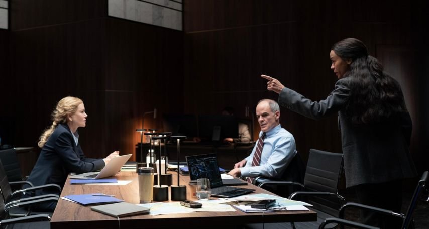 Nicole Kidman, Michael Kelly, and Zoe Saldaña in Lioness (2023) Photo by Luke Varley/Paramount+