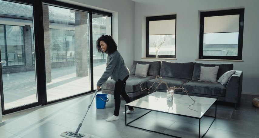 A Woman Cleaning the Living Room Floor
