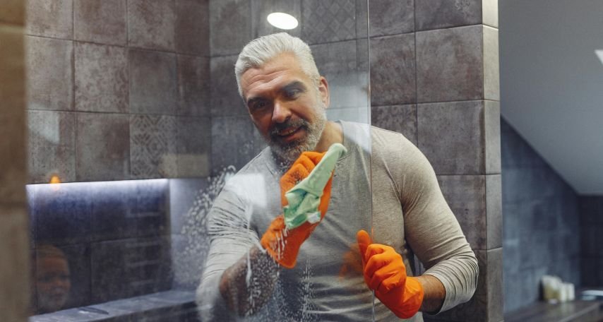 Grey haired man happily cleaning bathroom