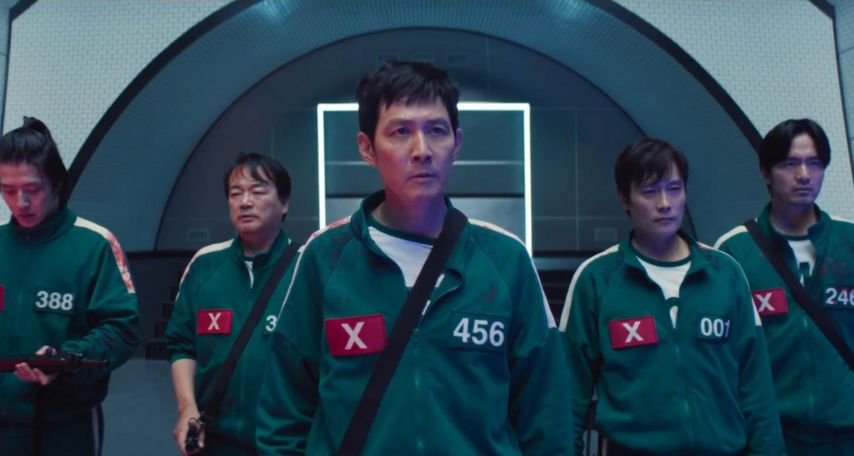 Kang Ha-neul, Lee Byung-hun, Lee Jung-jae, Lee Jin-wook, and Lee Seo-hwan in Squid Game (2021) Netflix