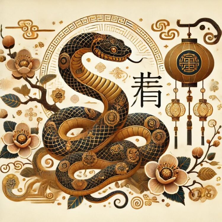 Symbolic illustration of the Snake in the Chinese Zodiac, featuring traditional Chinese patterns, plum blossoms, and calligraphy for wisdom and transformation. 