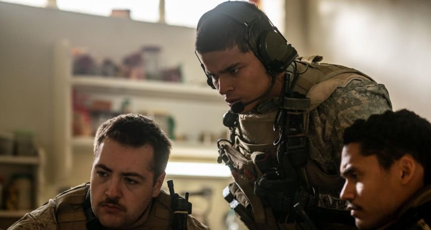 D'Pharaoh Woon-A-Tai, Aaron Mackenzie, Adain Bradley, and Michael Gandolfini in Warfare (2025)Photo by Courtesy of A24