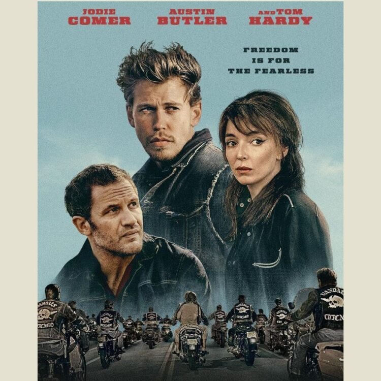 Tom Hardy, Austin Butler, and Jodie Comer in The Bikeriders (2023)
