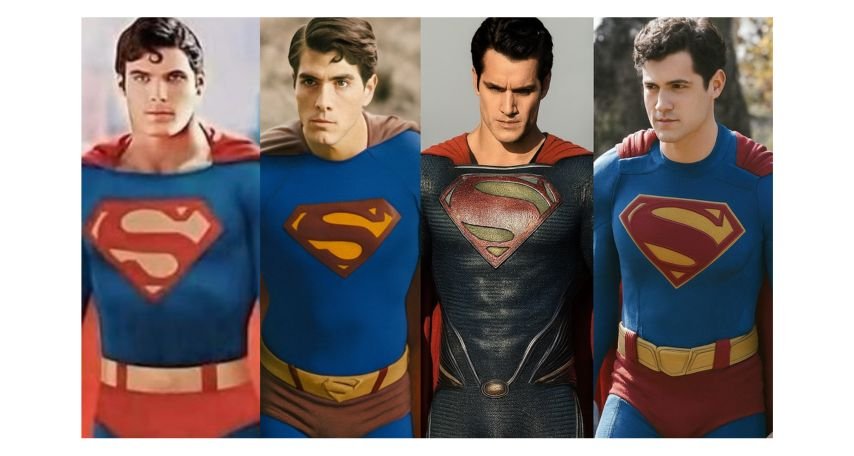 Christopher Reeve 1978, Brandon Routh 2006, Henry Cavill 2013, David Corenswet 2025