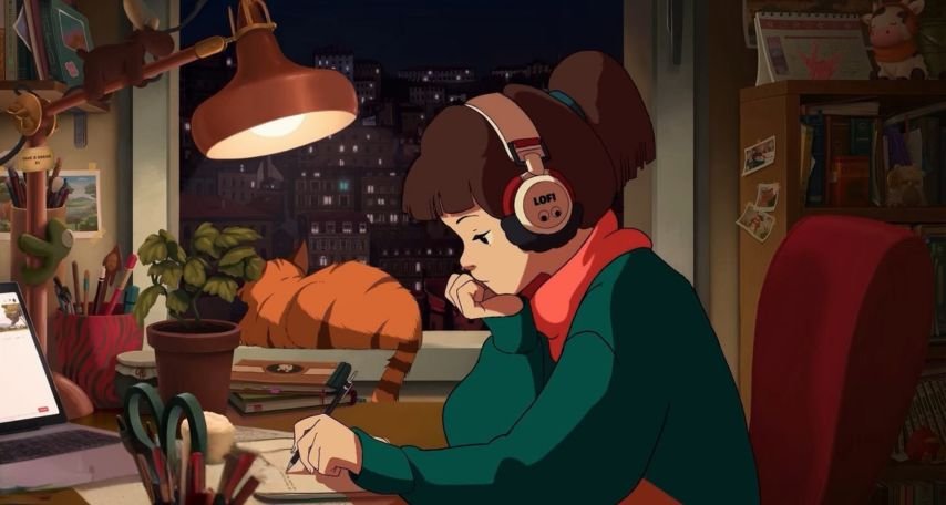Lofi Girl YouTube livestream showing animated student studying with headphones.