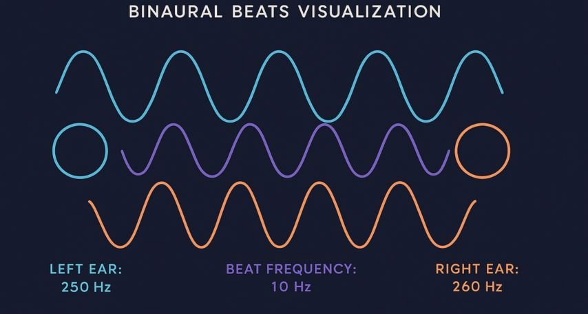 Diagram showing the creation of binaural beats through two slightly different frequencies.