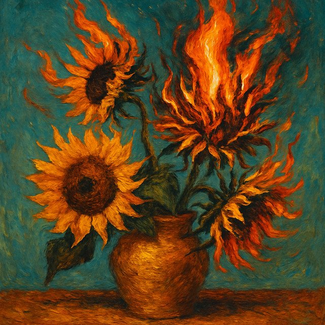 Oil painting-style artwork of five sunflowers in a vase, with one sunflower engulfed in flames against a teal background.