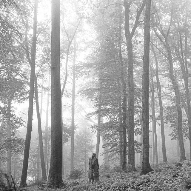 Black-and-white album cover for Taylor Swift’s Folklore, featuring Swift standing alone in a foggy forest surrounded by tall trees