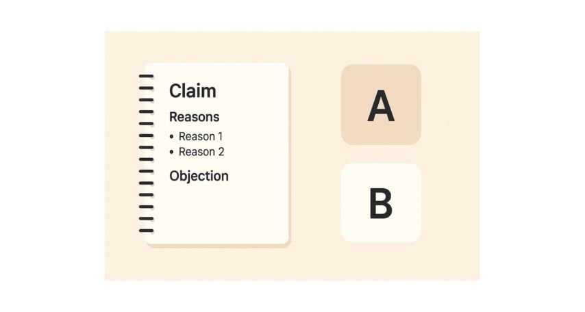 Notebook checklist with a claim, reasons, and one objection, next to two option cards labeled A and B.