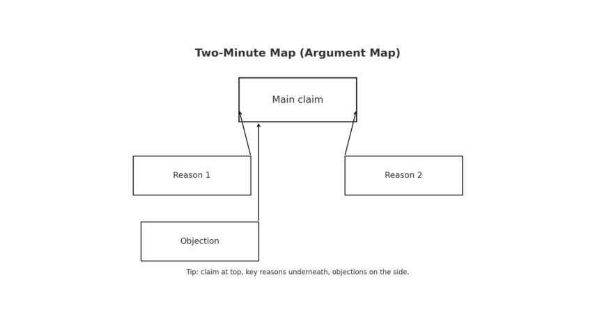 A simple argument map: one ‘Main claim’ box at the top, two ‘Reason’ boxes feeding into it, and one ‘Objection’ box on the side with arrows.