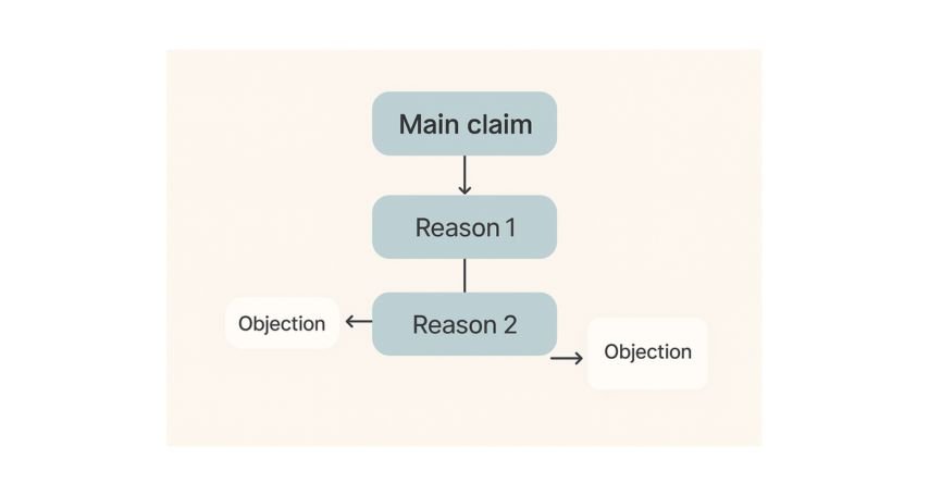 Argument map with a main claim at the top, two reasons underneath, and one objection on the side with arrows.