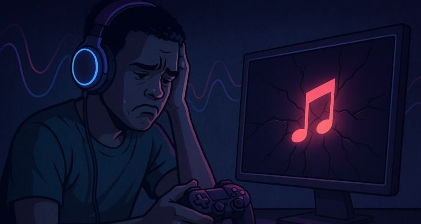 A digital illustration of a gamer wearing neon headphones, holding a controller and staring at a cracked monitor displaying a glowing music note