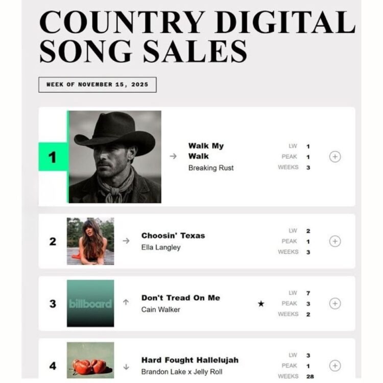 Billboard Country Digital Song Sales chart showing AI-generated Breaking Rust at number one position