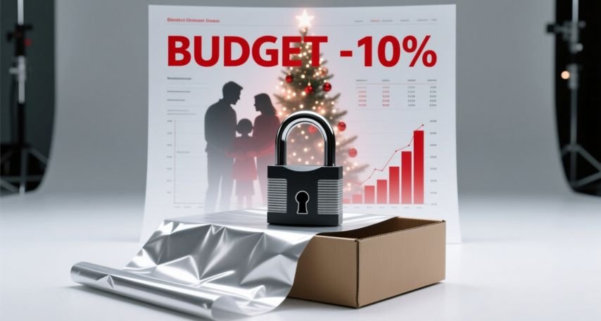 A lock on wrapping paper with transparent images of family and financial charts, symbolizing holiday budget stress.