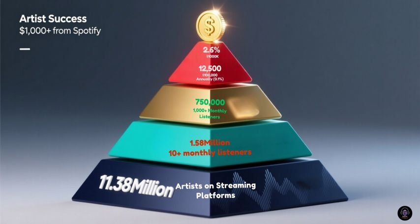 Music streaming success pyramid 2025 showing only 2.6% of artists earn over $1000 from Spotify