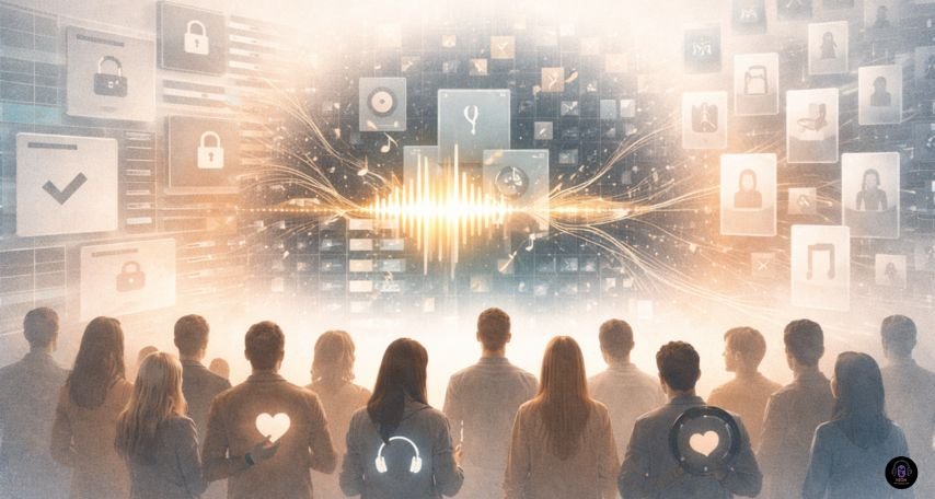 Conceptual illustration showing fans standing in front of an AI music system, symbolising resistance to algorithm-generated songs and support for human-made music.