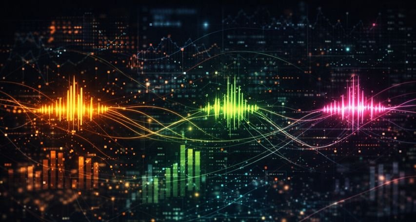 Glowing data waves and charts