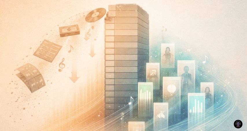 Minimalist illustration showing songs fading off traditional music charts as algorithm-driven discovery replaces them.