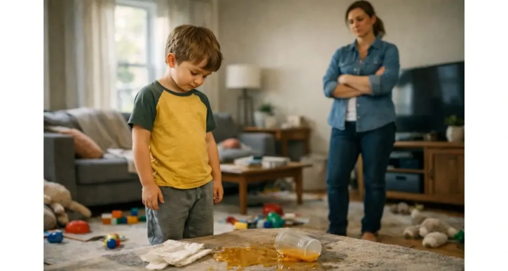 Boy spills juice in messy living room